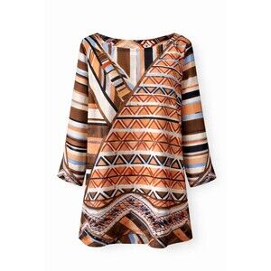 Chico’s Womens Tunic Top Size 2 L Multicolor Geometric Crew Neck Long Sleeve